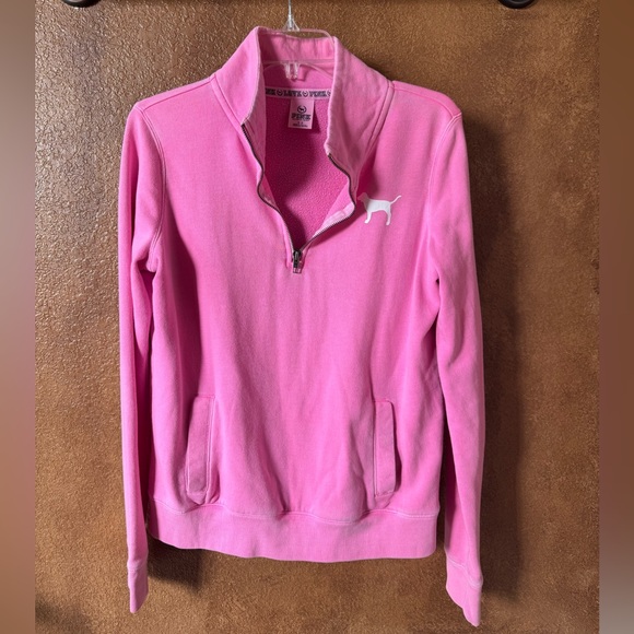 PINK Victoria's Secret Tops - Victoria's Secret Hot Pink Quarter Zip Dog Logo Sweatshirt Size Small